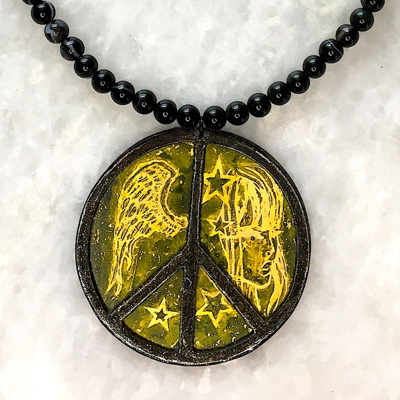 Hand Crafted Jewelry - Peace Necklace | Handcrafted with black onyx and black agate beaded 18” necklace